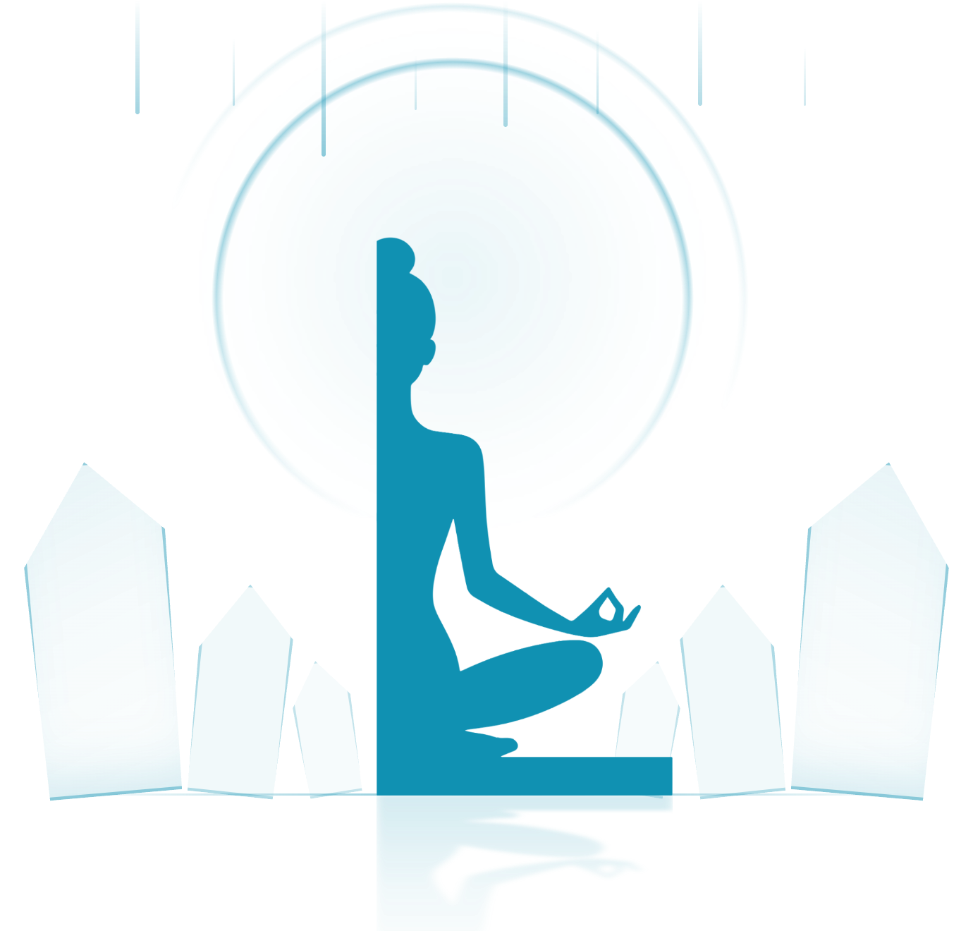 Tarot Showers, a woman meditating in lotus pose within a glowing aura and crystals